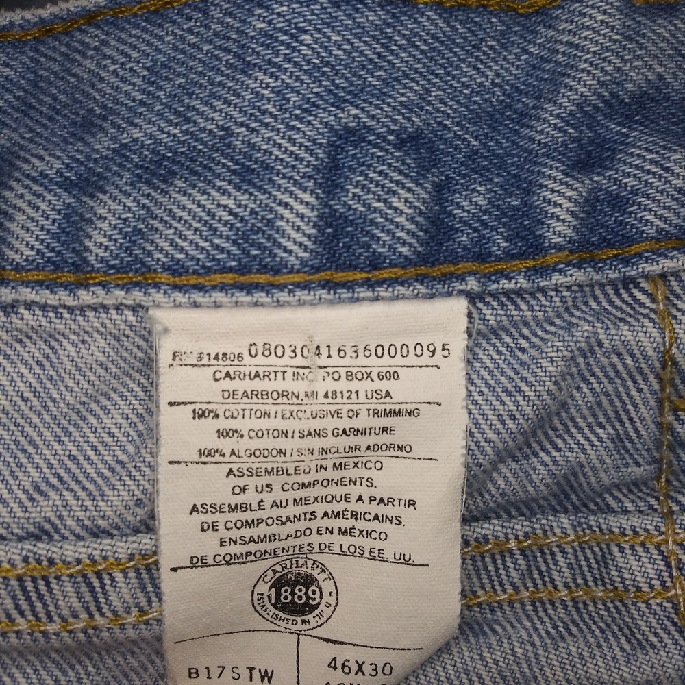Carhartt 46 x 30 Relaxed Fit 100% Cotton Light Wash Distressed Jeans - Picture 7 of 9